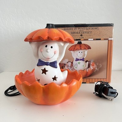 Gerson Halloween Ceramic Ghost In Pumpkin Bowl with Smoke Effect & Lights w/ Box