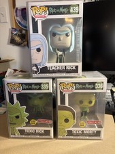 Funko Pop! Toxic Rick & Toxic Morty #335#336 Glow in Dark + Teacher Rick #439