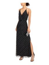 JKARA Womens Black Beaded Slitted Halter Maxi Evening Sheath Dress 2