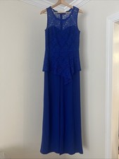 Blue Pant Suit In Sapphire Blue Stretch Lace and Chiffon. Size Large 10/12/14