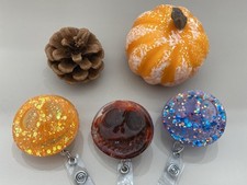 Retractable ID Holder Clip, Halloween Pumpkin Badge Reel, Glitter Resin