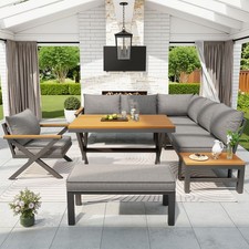 Garden Dining Set, Corner Sofa with Table & Bench Outdoor Patio Conversation Set