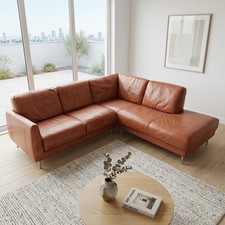 Leather 3 Seater Corner Sofa 4 Chaise Right Tan Brown Mid Century Style Vintage