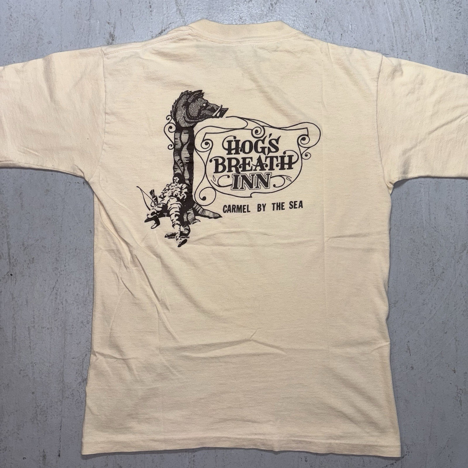 Stained Vintage 80s Hogs Breath Inn Retro Cream Biker T Shirt Size M