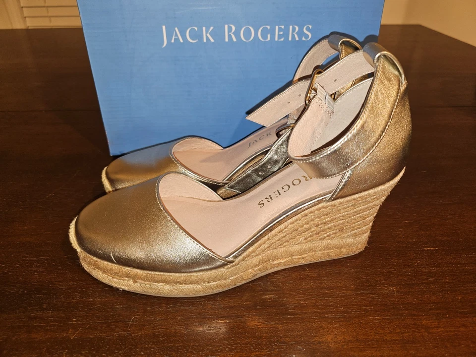 Jack Rogers Mujer Palmer Alpargata Cuña Bombas Platino Talla 6.5 Defectuosas NUEVO Foto 4 de 4