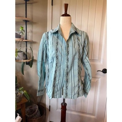 White Stag Women's Blue Floral Stripe Button Down Shirt
