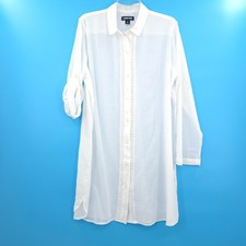 Lands' End Button Front Swim Cover-Up Shirt Size M white crochet trim beach