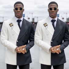 Splicing Men's Suits Black  White Peak Lapel Double Breasted Wedding Tuxedos