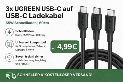 UGREEN 3er Set USB-C Kabel 65W Fast Charging   NEU & günstig Schnellladekabel