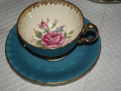 Aynsley Antique Rare Cabbage Rose, Teal Blue Tea Cup & Saucer, Numbered
