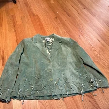 Victor Costa Sz 1X Suede Leather Green Coat Jacket Turquoise Stones FRINGE