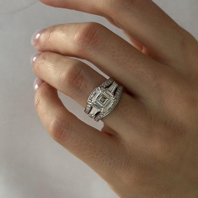 Asscher Cut Moissanite Three Stone Ring With Matching Enhancer Wedding Ring Set