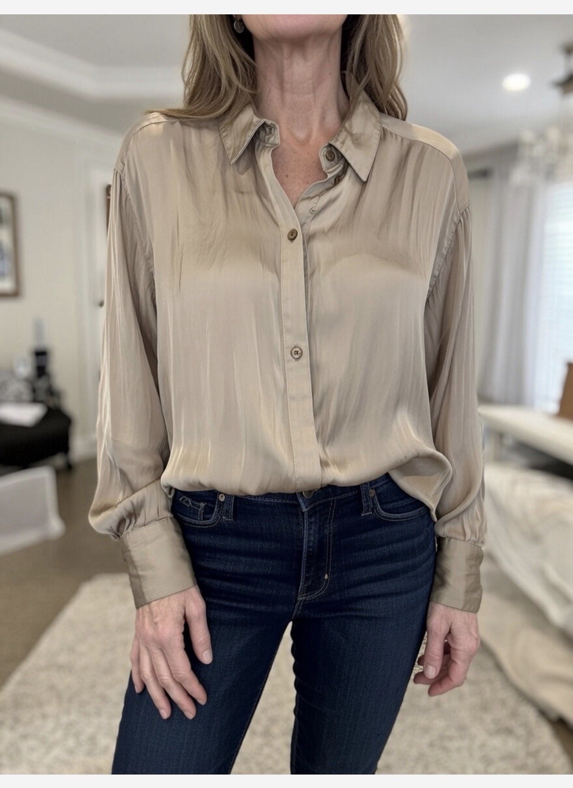Beige Satin Button-Down Collared Blouse Long Slee… - image 1