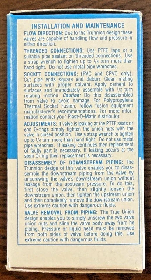 PLAST-O-MATIC ~ True Blue ~ MBV050VT-PF ~ 1/2" True-Union Ball Valve ~ Trunnion - Image 4 of 4