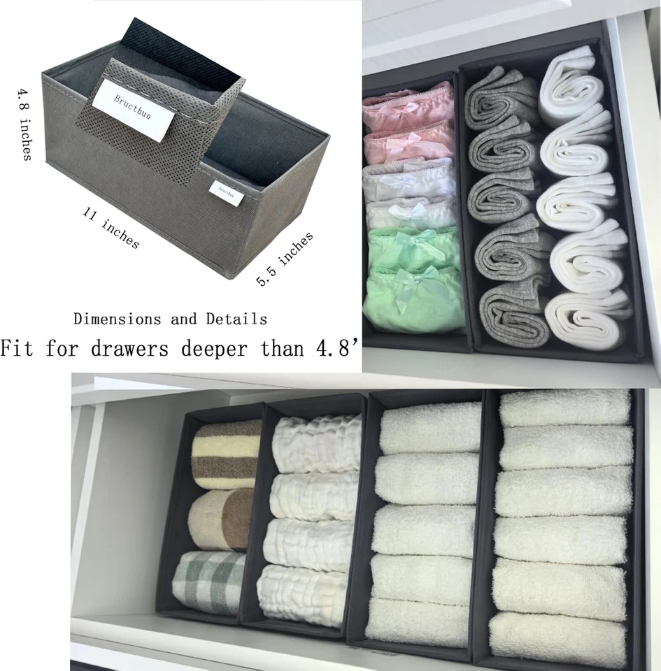 Socks Drawer Organizer Set of 3 Pack Gray, 11'X5.5'X4.8', Small Collapsible Unde - Image 2 of 4