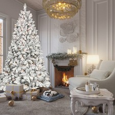 4/4.5/5/6/8/9 ft Snow Flocked Prelit Xmas Tree LED Tips Pine Cones w/Metal Stand