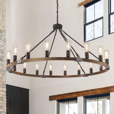 Farmhouse Wagon Wheel Chandelier 18 Light 47 Black Rustic Benkut Fixtures Wood