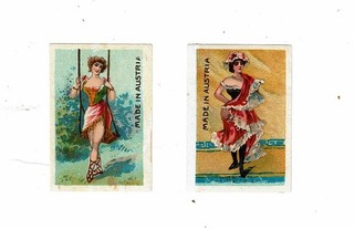 2 Old Austria Solo c1910s glazed matchbox labels Lady on Swing size 50x35mm.