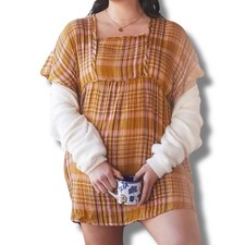 Anthropologie Women's gauzy yellow plaid mini dress tie back sz XS