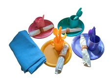 Vintage Pastel Plastic Melamine Picnic Set Plates, Cups Silverware Napkins Cloth