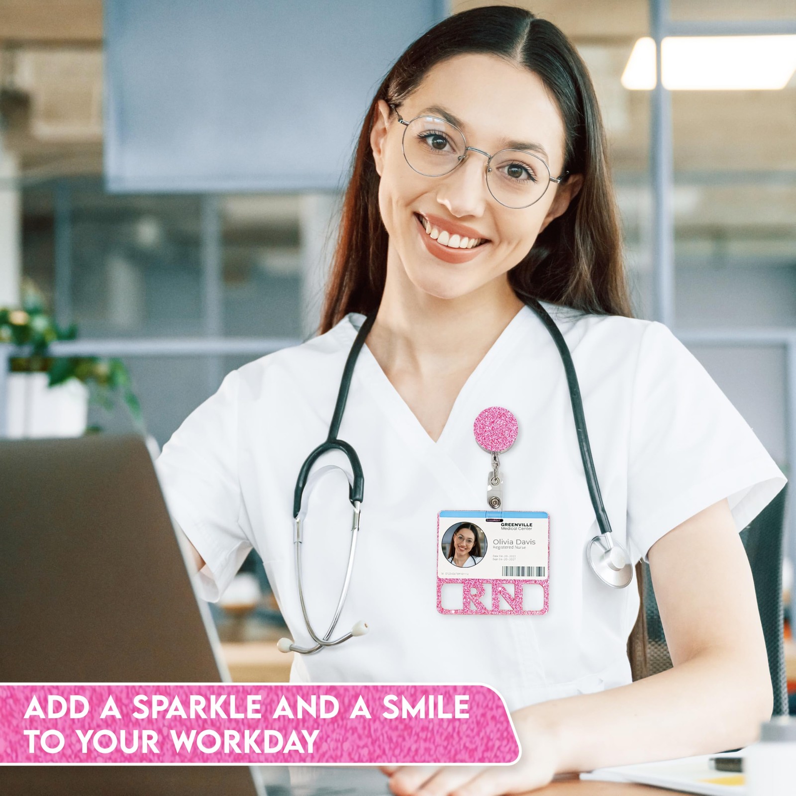 как выглядит RN Badge Buddy Horizontal Registered Nurse Acrylic Card Pink Glitter ID Standard фото