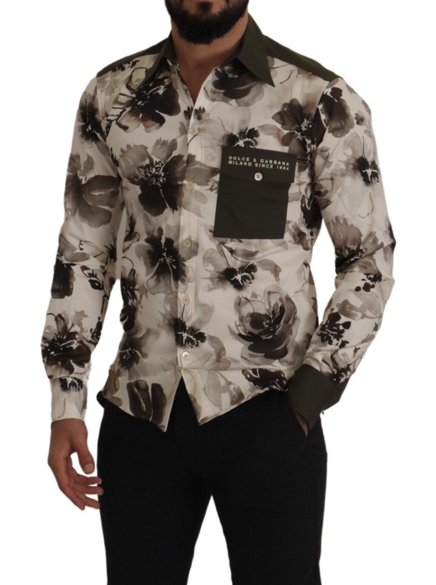 DOLCE & GABBANA Exclusive Shirt Green Beige Floral Cotton Stretch