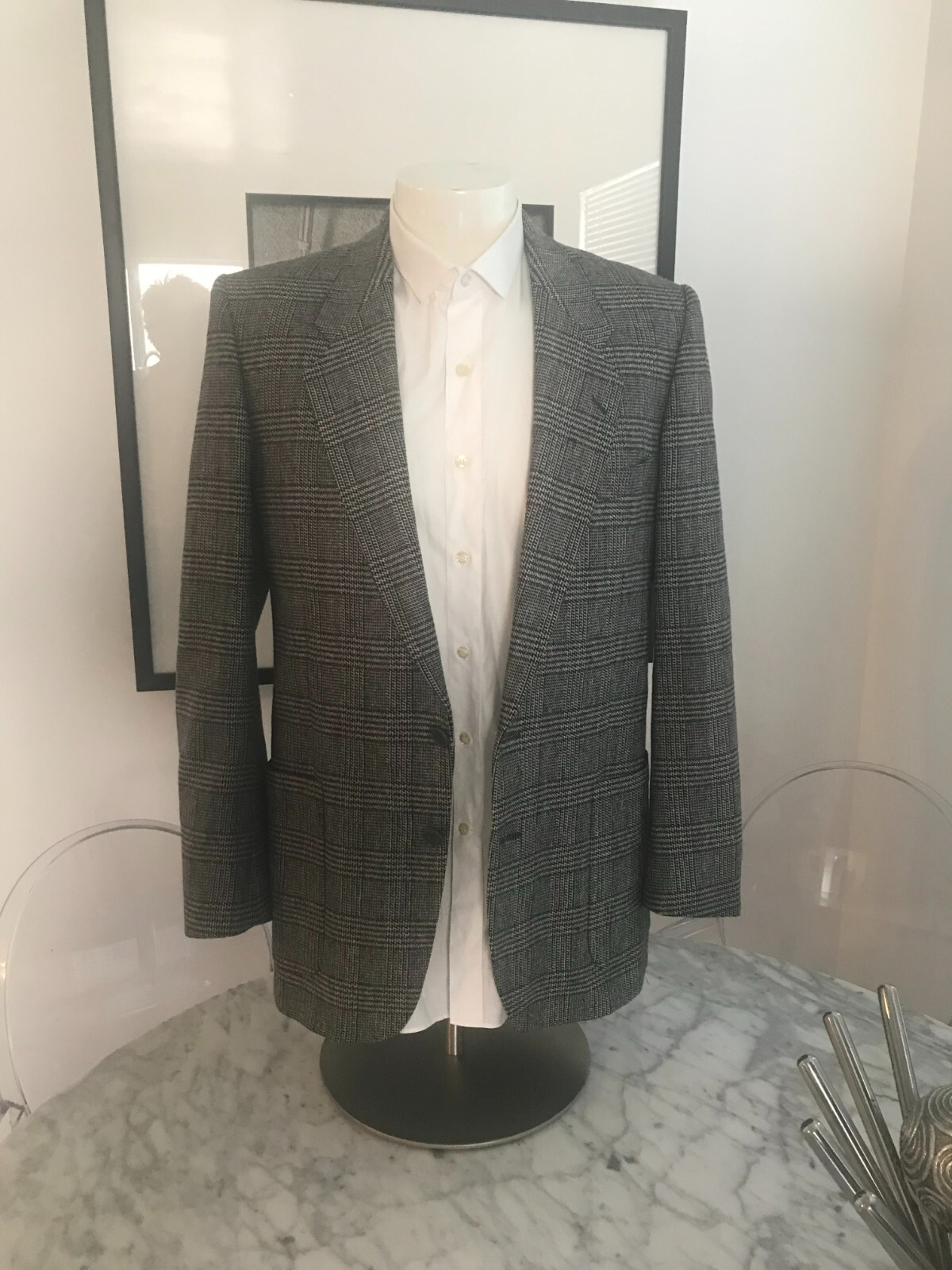 Giacca cappotto sportivo da uomo Yves Saint Laurent marrone chiaro a quadri taglia 42R