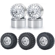 1.0" Beadlock Wheel Rims Metal Silver Wheel Hub Tires for 1/24 Axial SCX24 Car