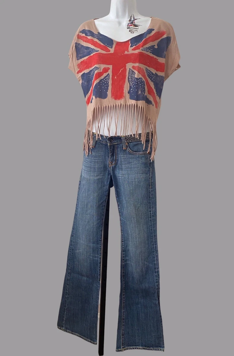Retro Punk Union Jack Womens T Shirt with Fringe & Studs