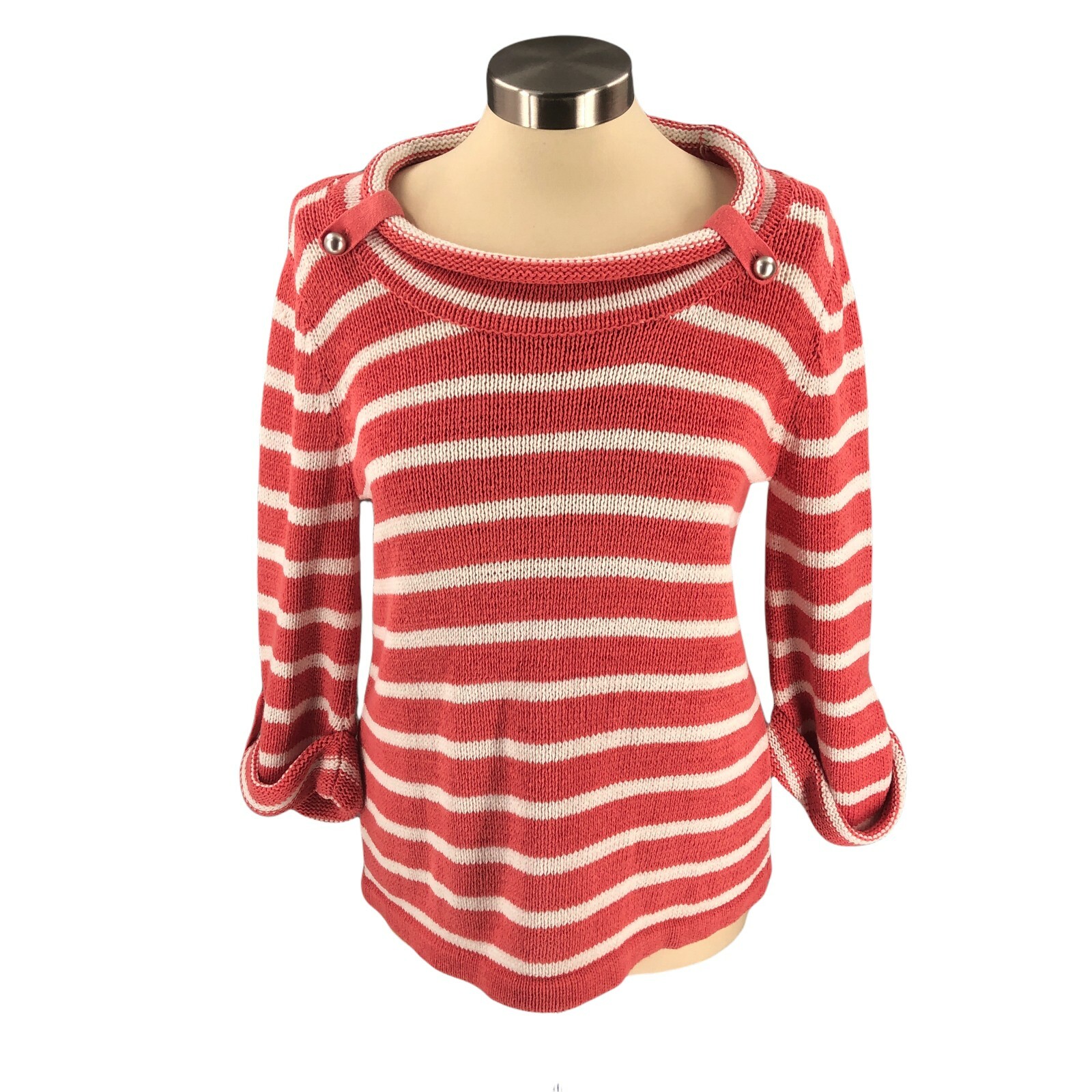 Chicos Womens Sweater 1 Medium Red White Pullover Striped Roll Cuff Sleeve  Knit | eBay