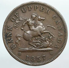 1857 UPPER CANADA Antique UK Queen Victoria Time PENNY BANK TOKEN Coin i90346