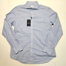 298 New EMANUEL BERG Men's Large 16.5" Tonal Blue Plaid Cotton Shirt Modern Fit