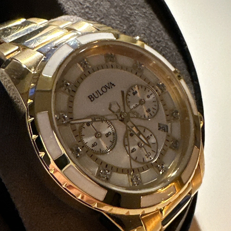 Bulova Women's Watch 97P146 Chronograph Gold Diamond Mother of Pearl Dial 36mm - Image 4 of 4