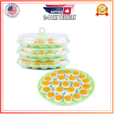 3PCS Deviled Egg Platter and Carrier With Lid 66Egg Slots for Party Home Kitchen