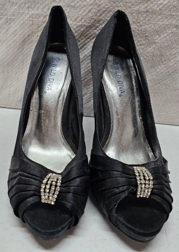 Wild Diva Feminino Tamanho 8.5 Preto Bombas Stiletto 4" Salto Peep-Toe Strass Bling - Imagem 2 de 4
