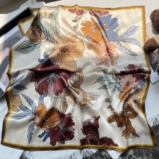 100 Pure Silk 27" Square Scarf Women Neckerchief Wrap Biege Red Orange Flowers