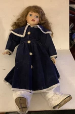Porcelain Victorian Dressed Ice  Skater doll Blue  Crushed Velvet Dress 22"