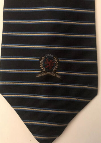TOMMY HILFIGER Mens Tie. 100% Silk. Black With Blue And White Stripes. - Picture 1 of 9