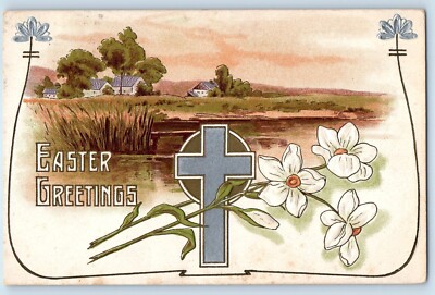 1910 Easter Greetings Holy Cross Lilies Flowers Embossed Mount Hope KS Postcard