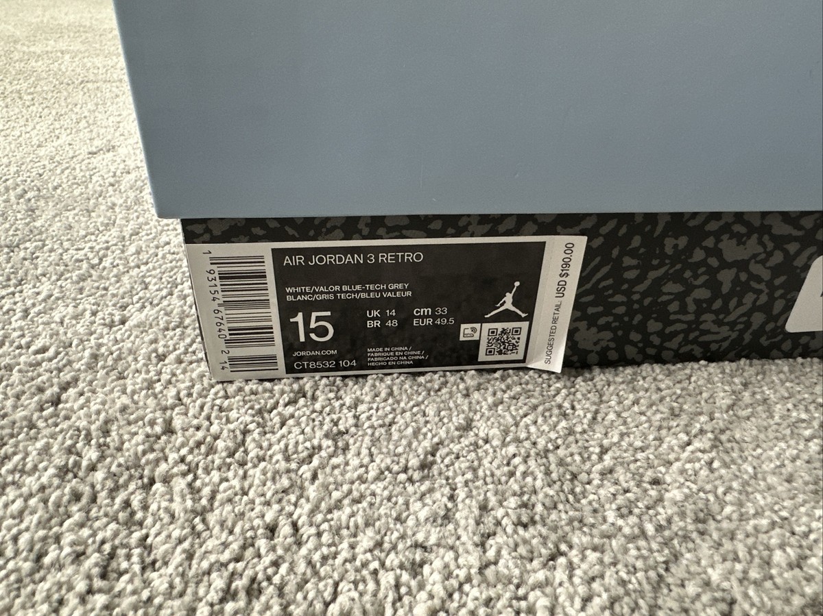 Nike Air Jordan Retro 3 III UNC White Valor Blue Tech Grey Size 15