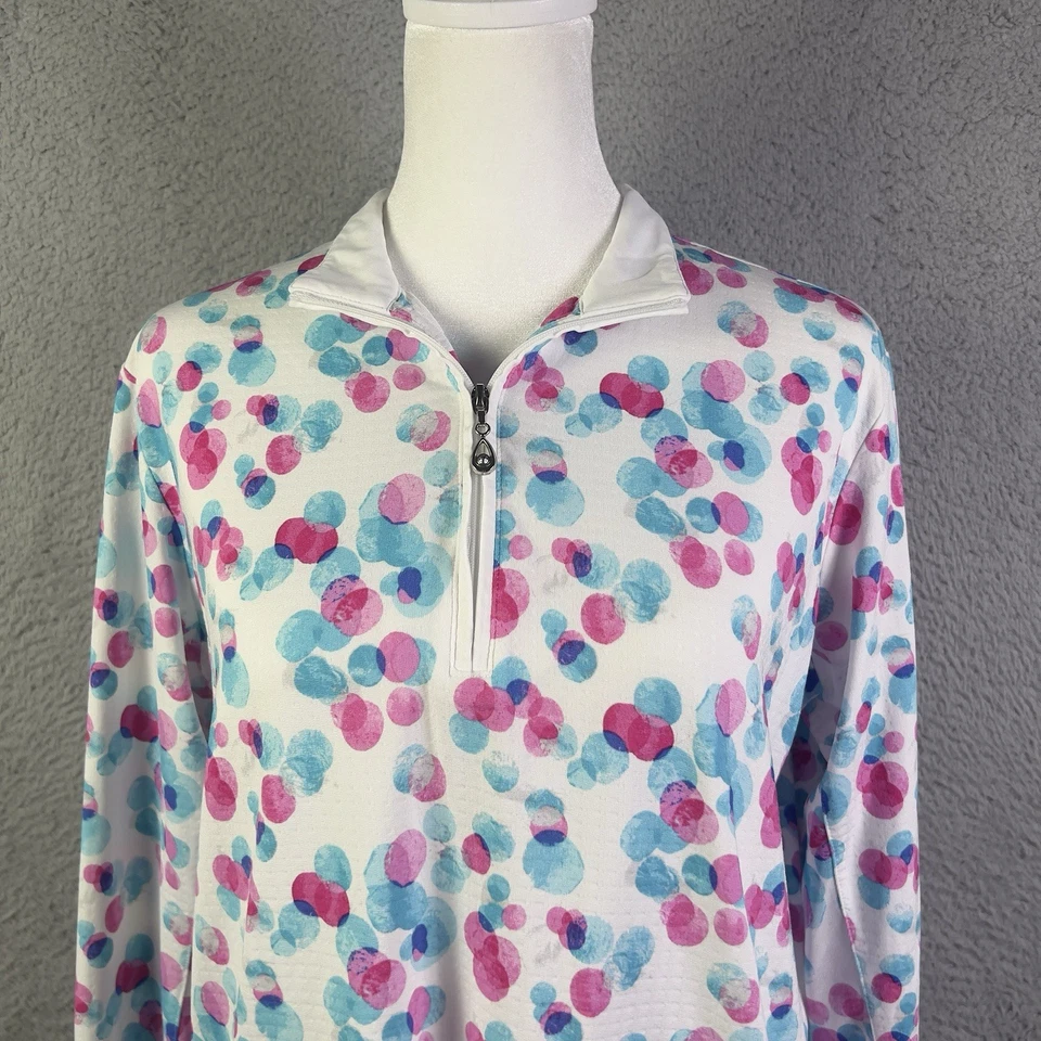 San Soleil Top Women Large White Watercolor Polka Dot Quarter Zip LS Performance - Image 2 of 4