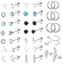 Surgical Steel Stud Earrings Set - 19 Pairs, CZ Heart Star Moon, Hypoallergenic,