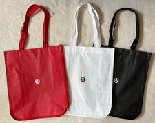 3 Lululemon Reusable Red White Black Shopping Totes Bags 14” x 16” x 6.5”