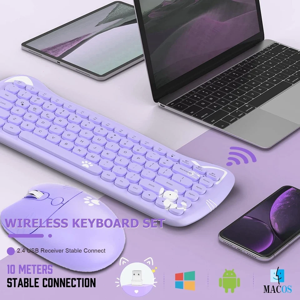 AJAZZ A3060 2.4G Wireless Retro Cute Cat Keyboard&Mouse Set 84 Keys Ergonomic - Image 2 of 4