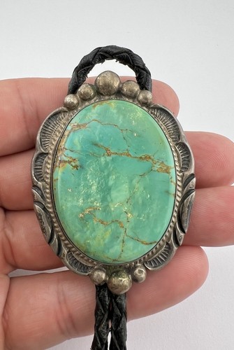 Vtg 2.25" Navajo Sterling Silver High Grade Royston Turquoise Stamped Bolo Tie