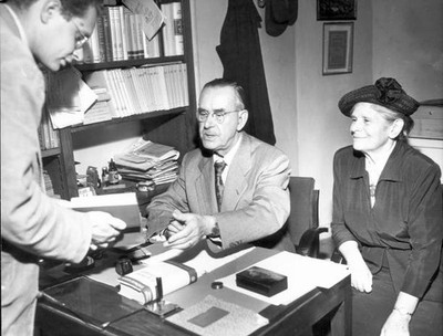 Thomas Mann with wife Katja signing his book Historic Switzerland Old Photo