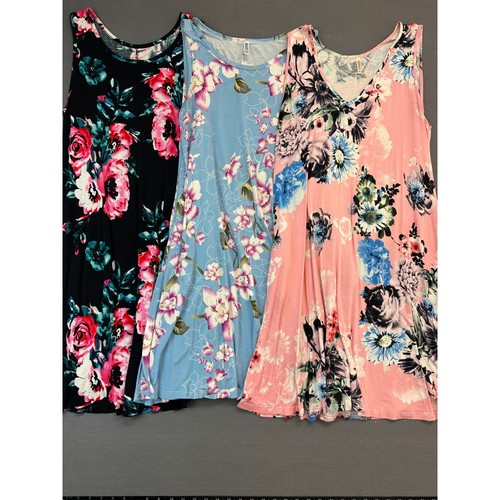Lot of 3 Womens Floral Sleeveless Swing Dresses XL w/pockets Blue Pink Black