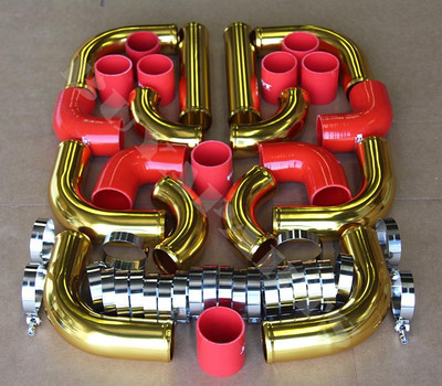 Universal 3.0'' 12pc 24-K Gold Front Mount Intercooler Piping Kit + Red Couplers