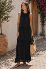 Decjuba Size S Black Viscose Maxi Tiered Ruffle Sleeveless Dress