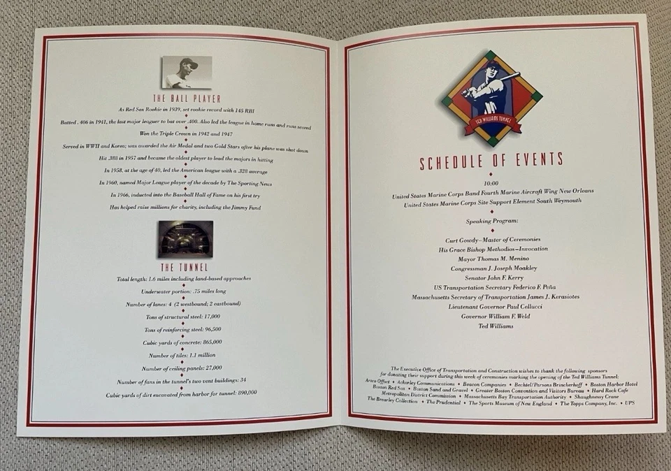 Ted Williams Boston Tunnel Opening Day 1995 Program Folder Boston Red Sox Ex⚾️ - Image 2 of 4